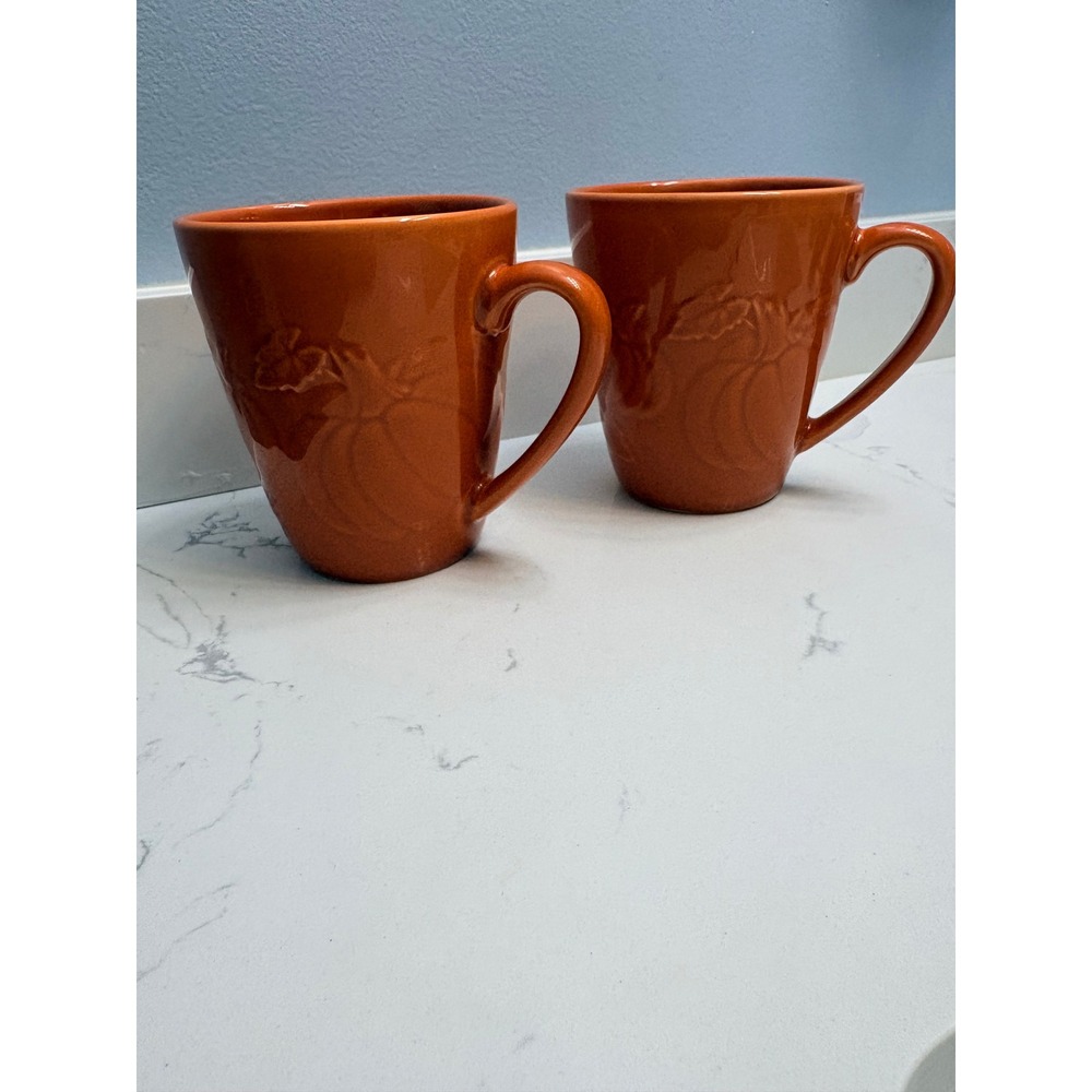 Greenbrier International Orange Pumpkin Embossed Ceramic Coffee Mugs Set of 2